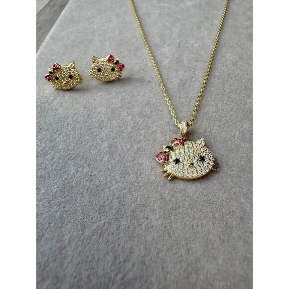None and/or Unknown Jewelry - Hello Kitty Moissanite Necklace & Earring Set - Vermeil over 925